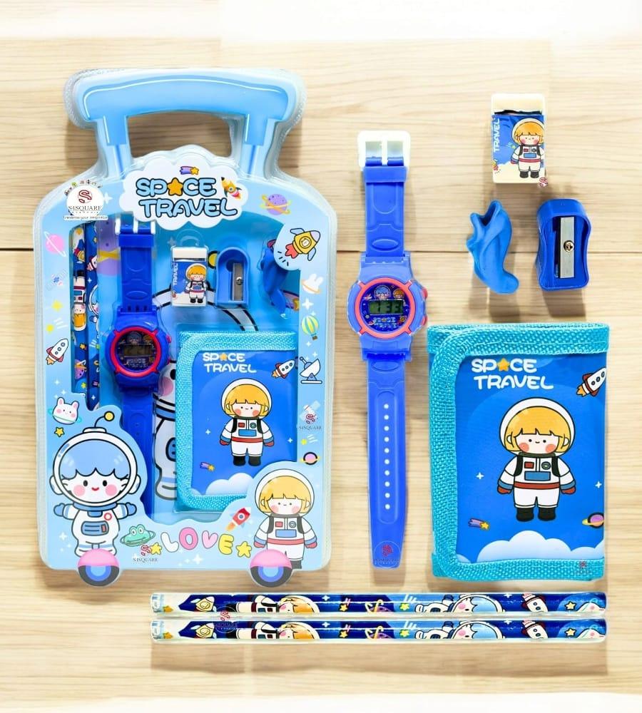Stationery Set for Girls and Boys - 6-in-1 Cartoon School Items - Pencils, Eraser, Sharpener, Watch, Pouch & Pencil Extender Grip (Multicolor) view 2