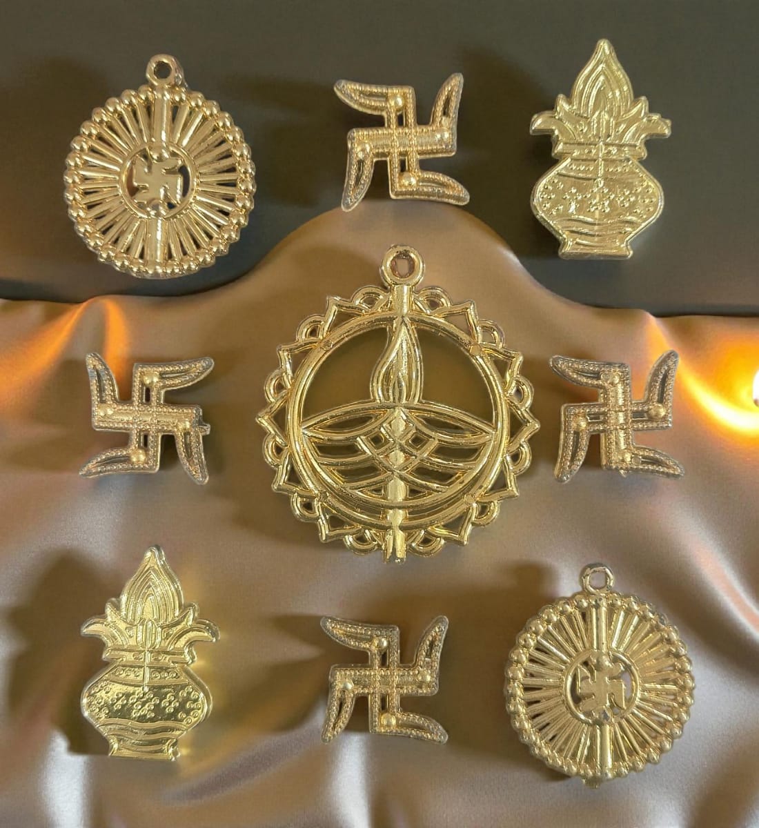 Premium Brass Kalash & Swastik Temple Décor Set | Antique Gold Finish | Round Swastik Plate, Kalash & Diya for Home & Mandir Decoration | Set of 4  view 2