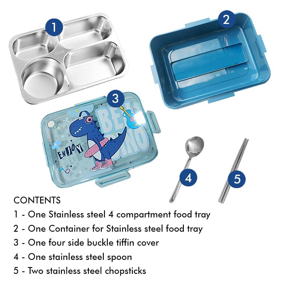 Premium Stainless Steel Lunch Box - 850ml, 4 Compartments, Transparent Lid, Blue view 2