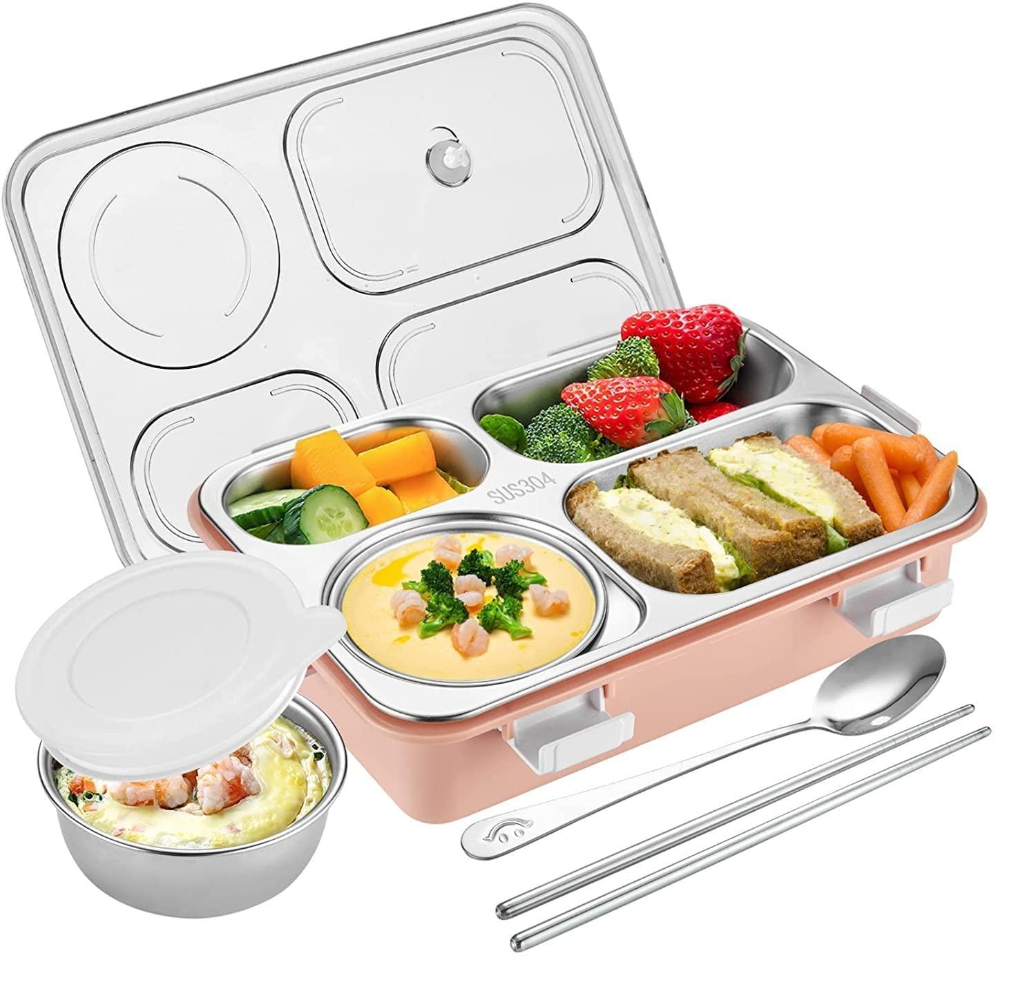Leak Proof 4 Compartment Lunch Boxes Reusable Microwave Freezer Safe Stainless Steel Portion Snack Containers for Adults and Kids (Pink) view 2