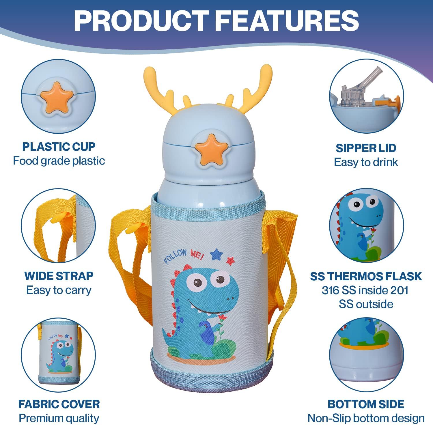 Water Bottle for Kids 600 ML with Sleeve & Stainless Steel Insulated with 3 Lids Anti-leak Kids Cartoon Water Bottle Sky Color view 2