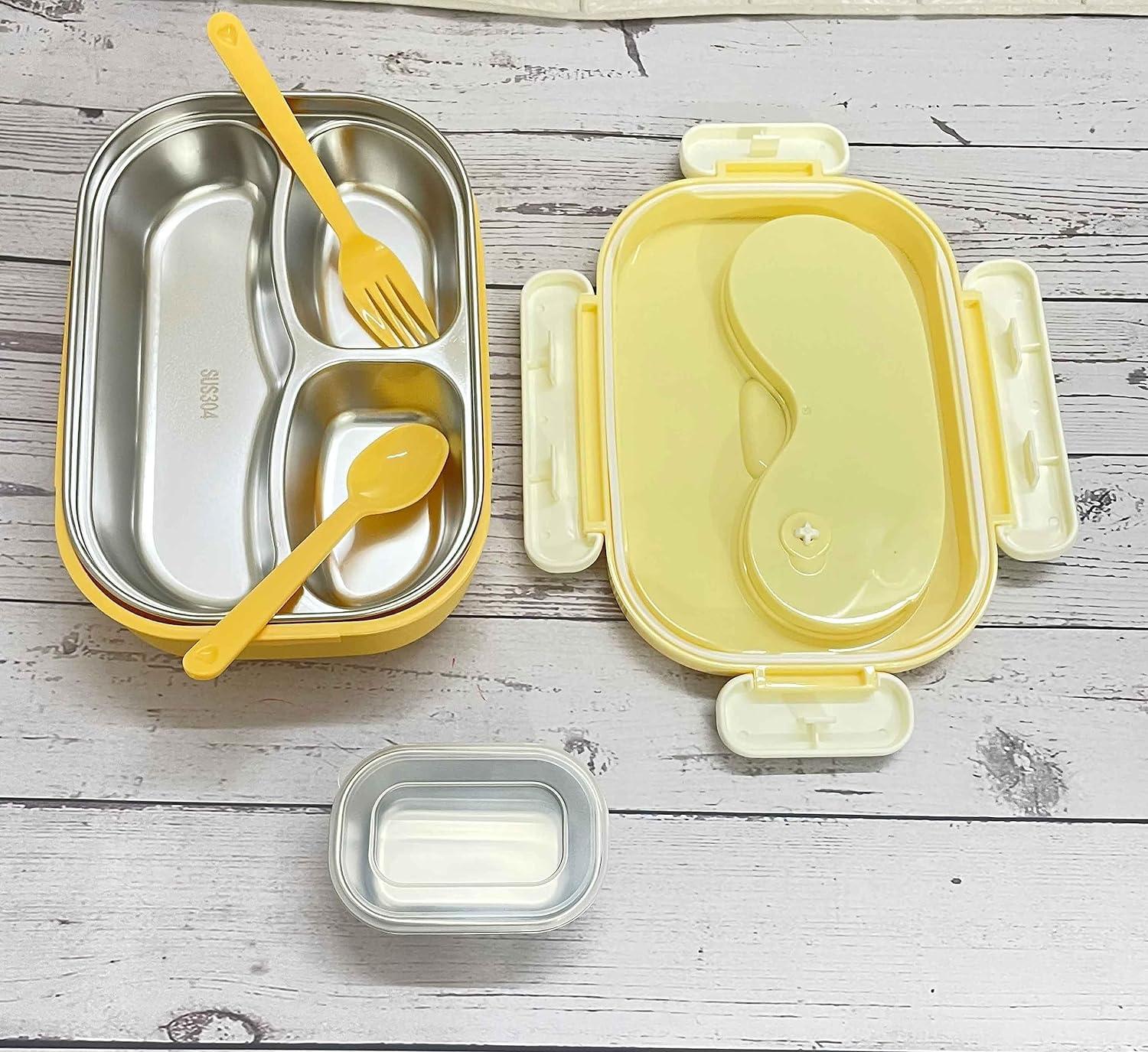 Premium 3 Compartment Stainless Steel Lunch Box with Spoon and Fork - 900 ML (Unicorn, Yellow) for School/Office view 2