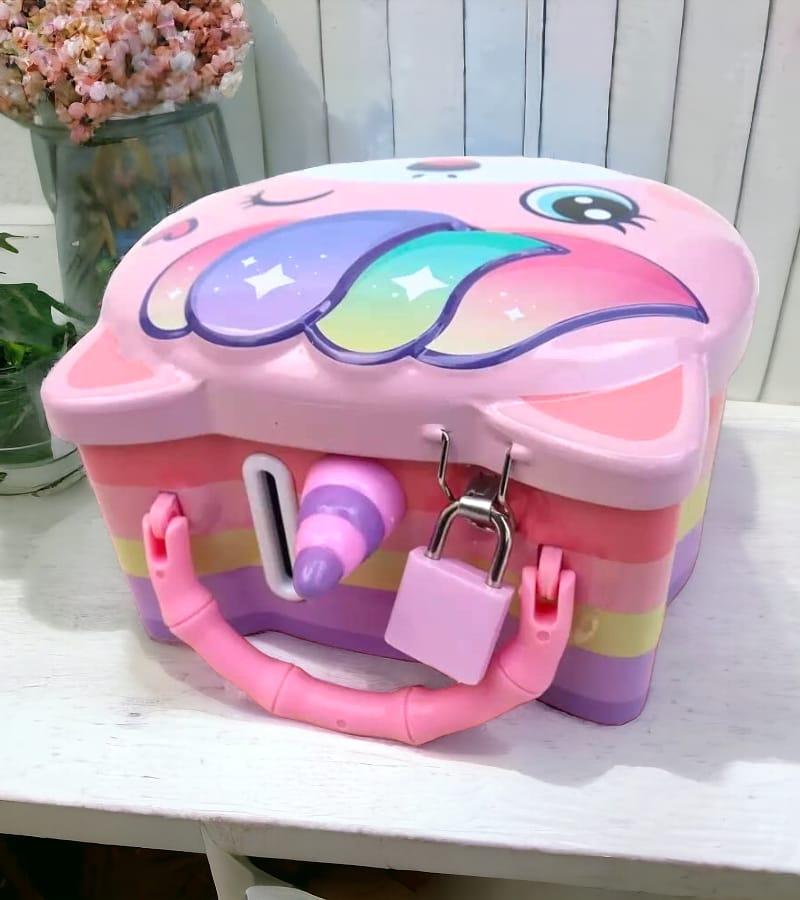 Smiling Unicorn Piggy Bank in Metal with Handle| Coin Box| Gullak |Money Box| with Lock & 2 Keys | Cartoon Character | Best Gift for Kids view 2