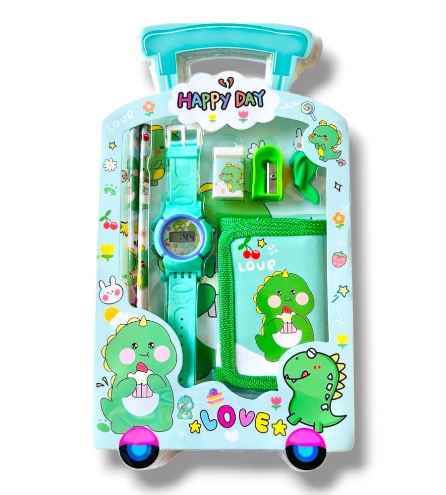 Stationery Set for Girls and Boys - 6-in-1 Cartoon School Items - Pencils, Eraser, Sharpener, Watch, Pouch & Pencil Extender Grip (Multicolor) view 3