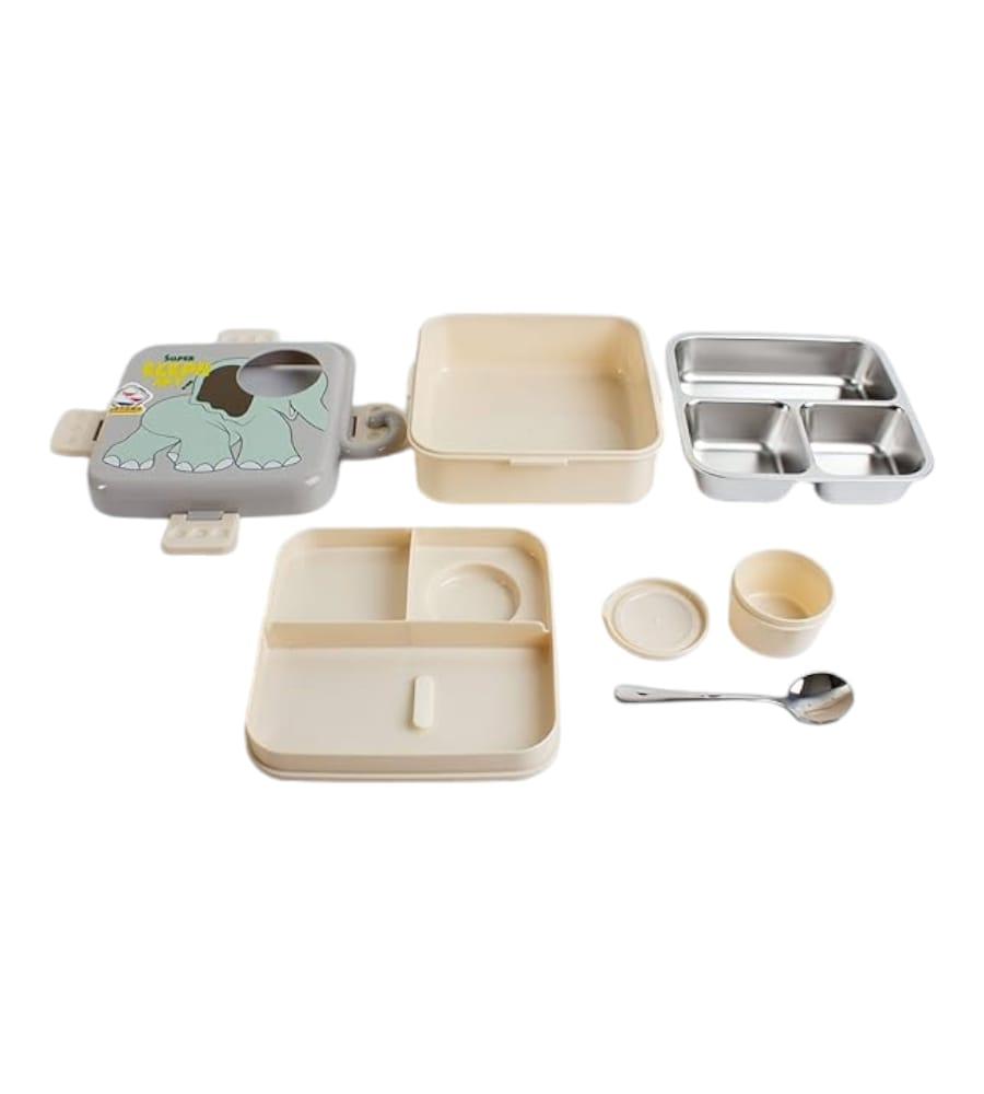 Elephant Printed 3 Compartment 1120ml+70ml Stainless Steel Lunchbox- Stainless Steel, Reusable, Leakproof & Freezer Safe view 3