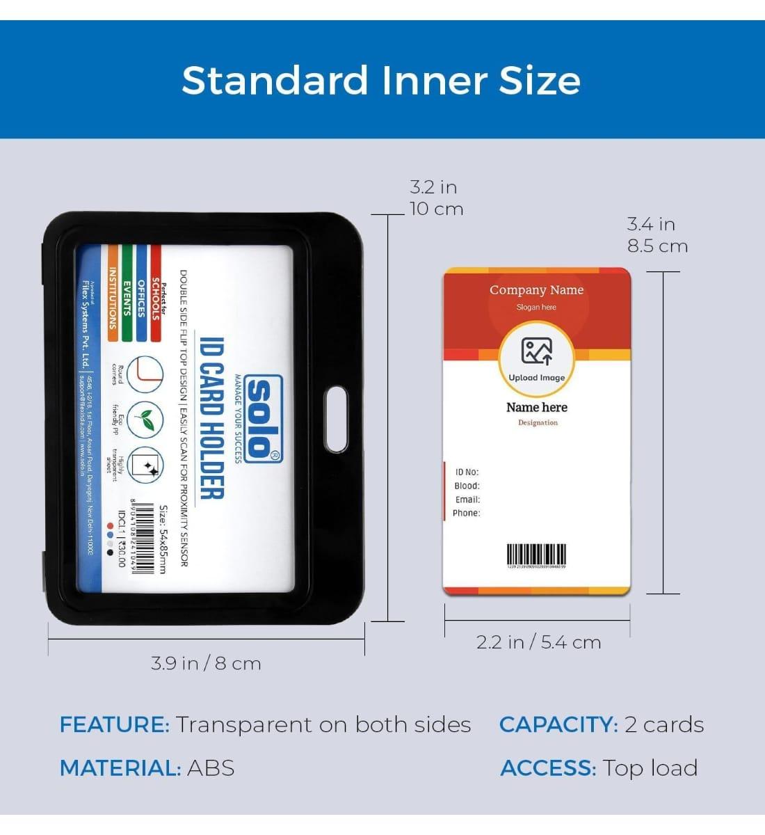 Solo ID Card Holder – Pack of 2 | Horizontal Double-Sided Badge Case | Durable Plastic ID Protector for Office, School & Events | Blue (5.4 x 8.5 cm) view 3