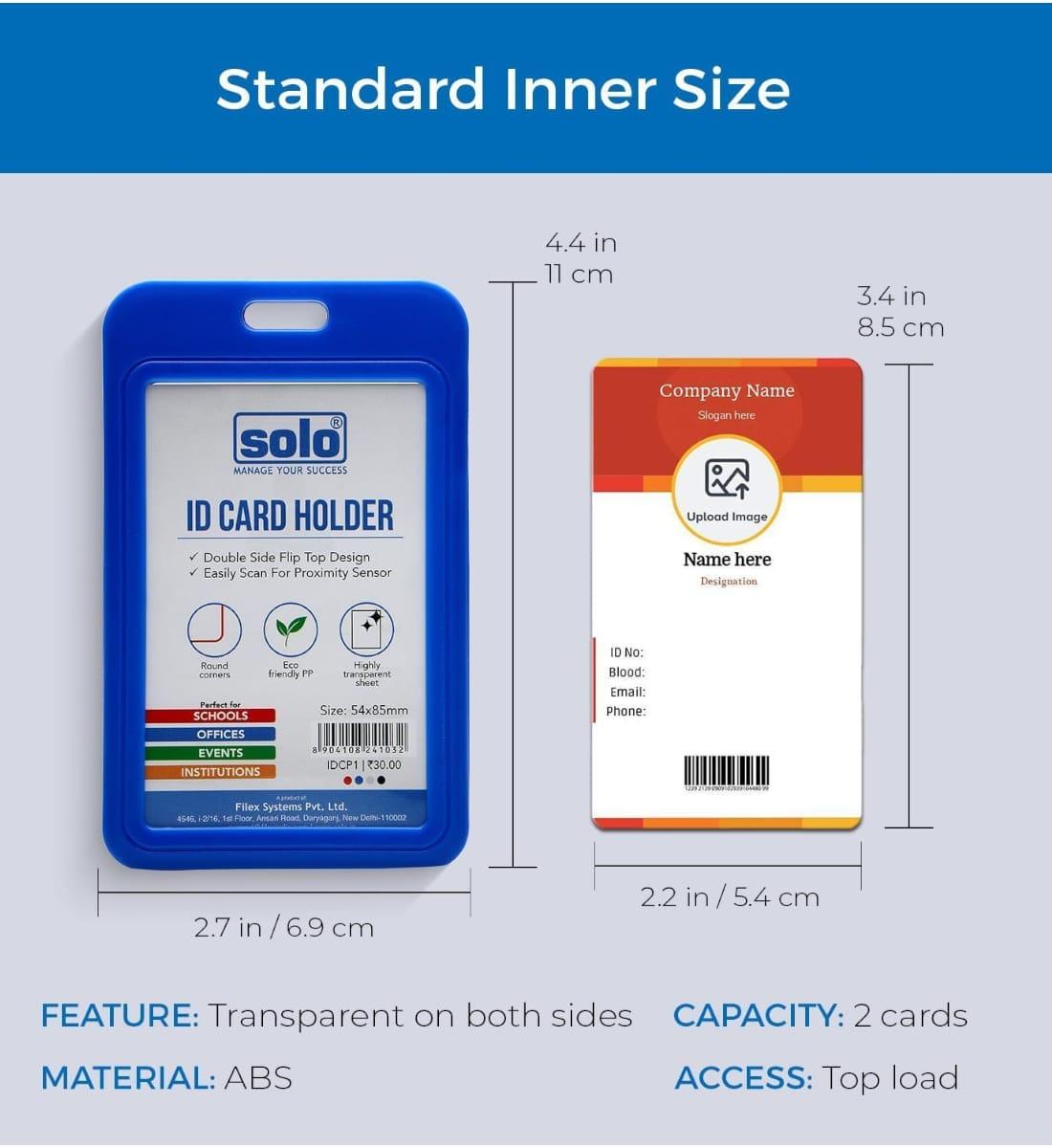 Solo ID Card Holder – Pack of 2 | Vertical Double-Sided Badge Case | Durable Plastic ID Protector for Office, School & Events | Blue (5.4 x 8.5 cm) view 3