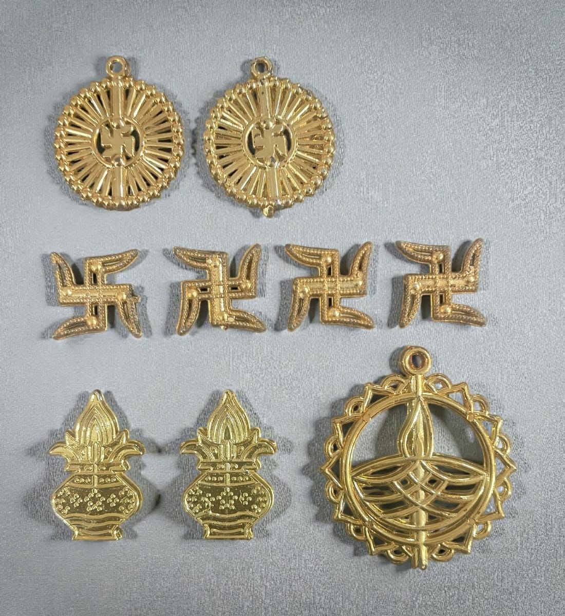 Premium Brass Kalash & Swastik Temple Décor Set | Antique Gold Finish | Round Swastik Plate, Kalash & Diya for Home & Mandir Decoration | Set of 4  view 3