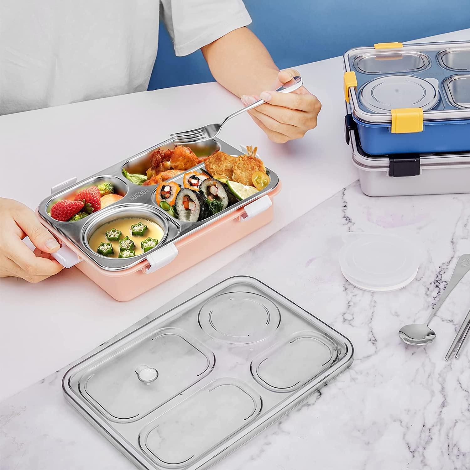 Leak Proof 4 Compartment Lunch Boxes Reusable Microwave Freezer Safe Stainless Steel Portion Snack Containers for Adults and Kids (Pink) view 3
