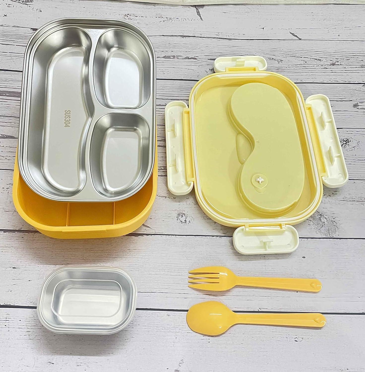 Premium 3 Compartment Stainless Steel Lunch Box with Spoon and Fork - 900 ML (Unicorn, Yellow) for School/Office view 3