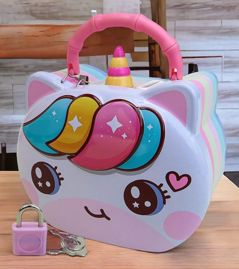 Smiling Unicorn Piggy Bank in Metal with Handle| Coin Box| Gullak |Money Box| with Lock & 2 Keys | Cartoon Character | Best Gift for Kids view 3