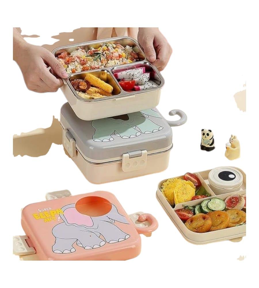 Elephant Printed 3 Compartment 1120ml+70ml Stainless Steel Lunchbox- Stainless Steel, Reusable, Leakproof & Freezer Safe view 4