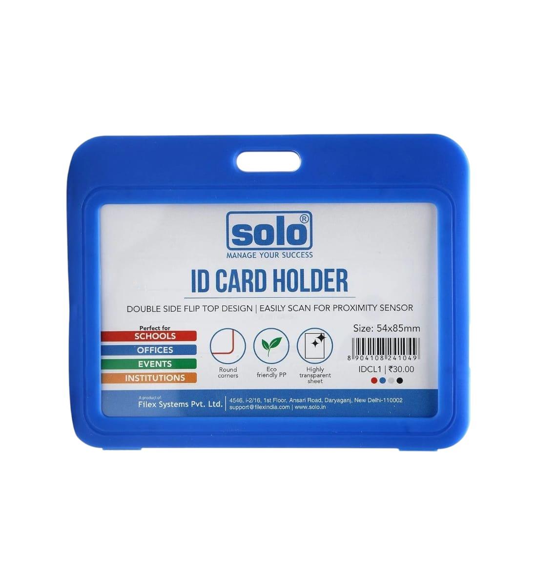 Solo ID Card Holder – Pack of 2 | Horizontal Double-Sided Badge Case | Durable Plastic ID Protector for Office, School & Events | Blue (5.4 x 8.5 cm) view 4