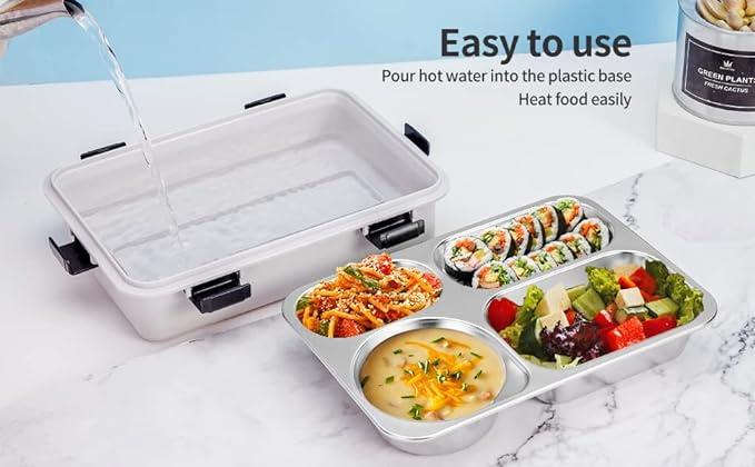 Leak Proof 4 Compartment Lunch Boxes Reusable Microwave Freezer Safe Stainless Steel Portion Snack Containers for Adults and Kids (Pink) view 4