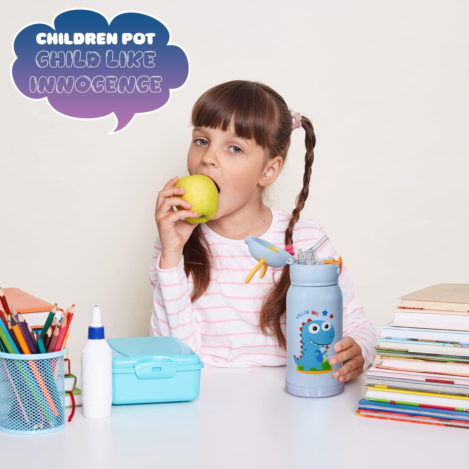 Water Bottle for Kids 600 ML with Sleeve & Stainless Steel Insulated with 3 Lids Anti-leak Kids Cartoon Water Bottle Sky Color view 4