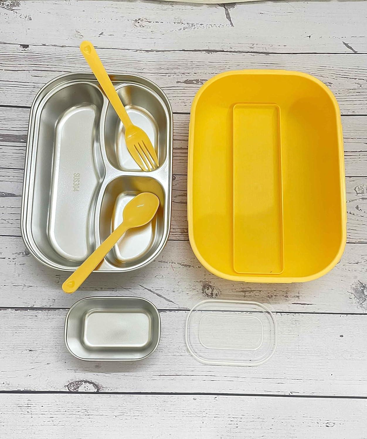 Premium 3 Compartment Stainless Steel Lunch Box with Spoon and Fork - 900 ML (Unicorn, Yellow) for School/Office view 4
