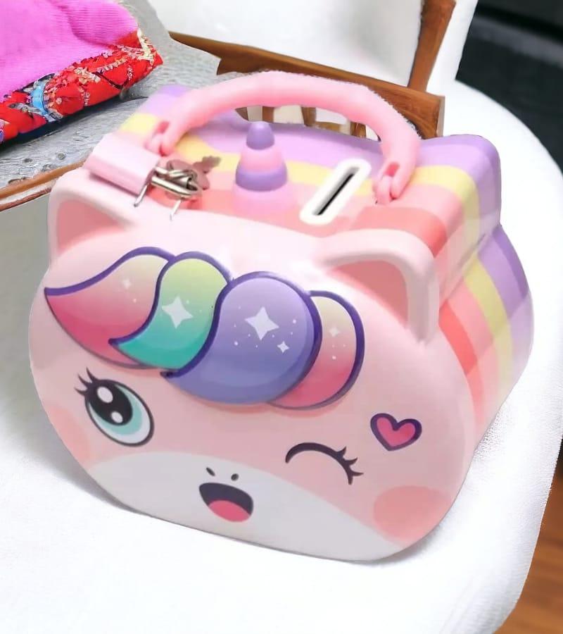Smiling Unicorn Piggy Bank in Metal with Handle| Coin Box| Gullak |Money Box| with Lock & 2 Keys | Cartoon Character | Best Gift for Kids view 4