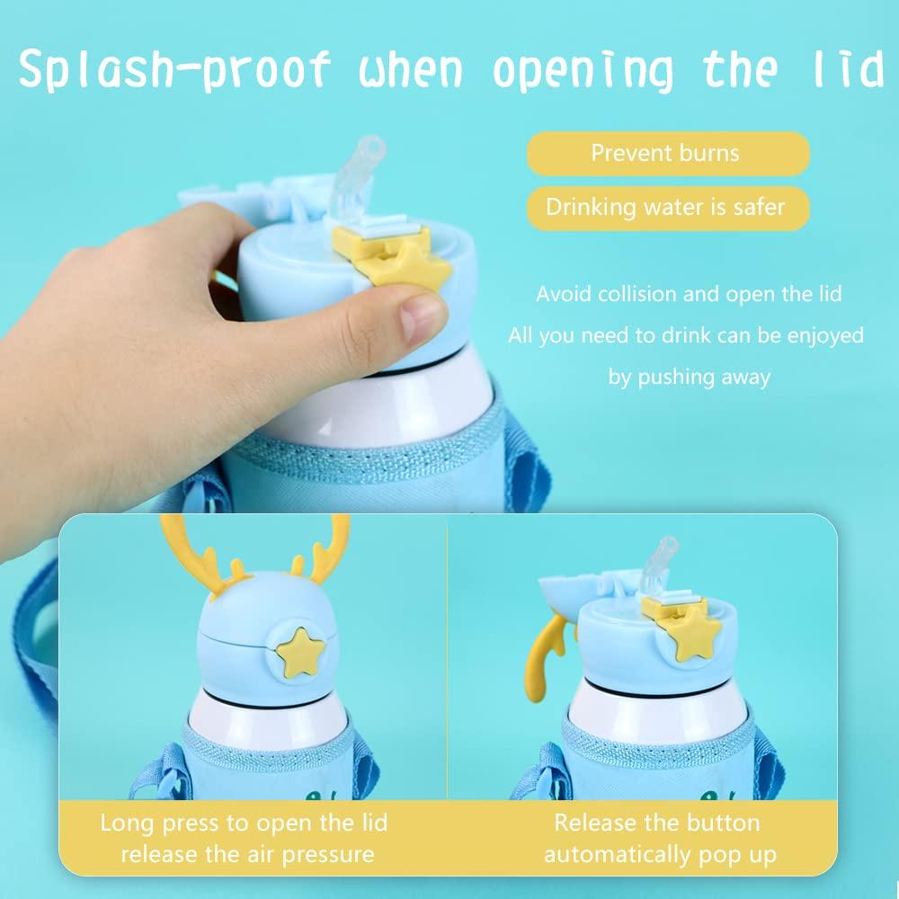Water Bottle for Kids 600 ML with Sleeve & Stainless Steel Insulated with 3 Lids Anti-leak Kids Cartoon Water Bottle Sky Color view 5