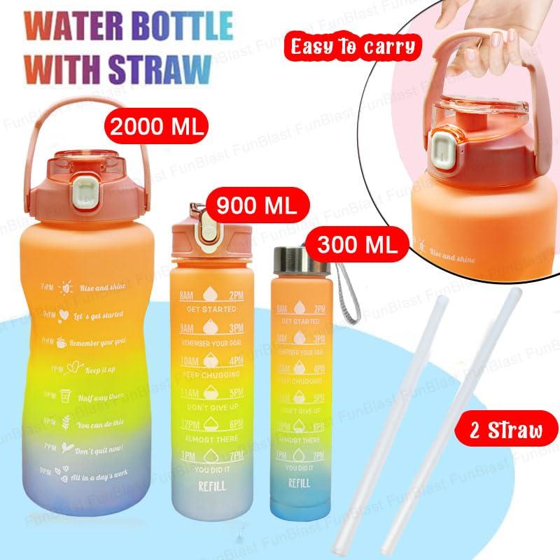 Motivational Water Bottle Set With Sipper - 3 Pieces (2L, 900ml, and 300ml) Light-weight, Leak-proof, BPA-free Water Bottle For Kids & Adults – Orange view 5