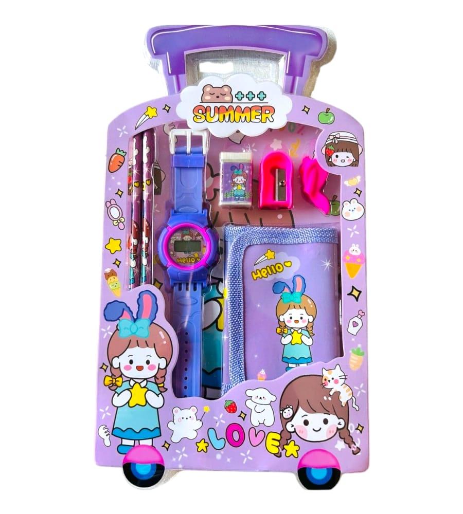 Stationery Set for Girls and Boys - 6-in-1 Cartoon School Items - Pencils, Eraser, Sharpener, Watch, Pouch & Pencil Extender Grip (Multicolor) view 6