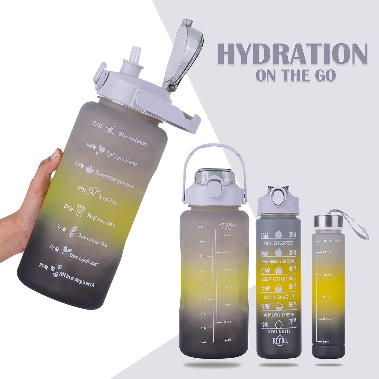 Motivational Water Bottle Set With Sipper - 3 Pieces (2L, 900ml, and 300ml) Light-weight, Leak-proof, BPA-free Water Bottle For Kids & Adults – Grey view 6