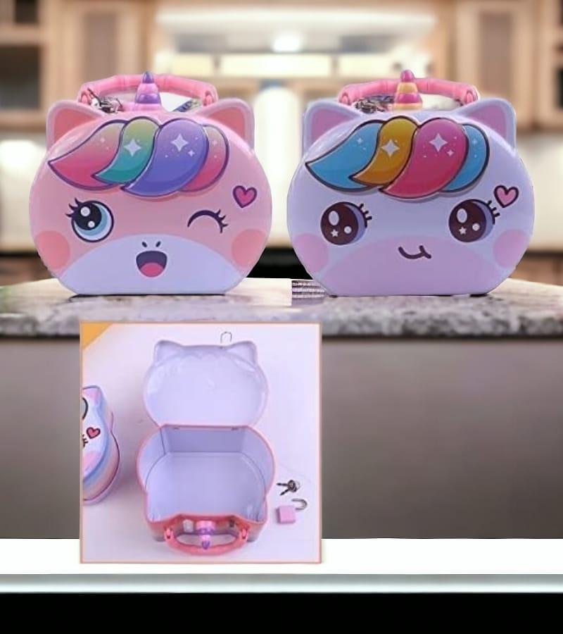Smiling Unicorn Piggy Bank in Metal with Handle| Coin Box| Gullak |Money Box| with Lock & 2 Keys | Cartoon Character | Best Gift for Kids view 6