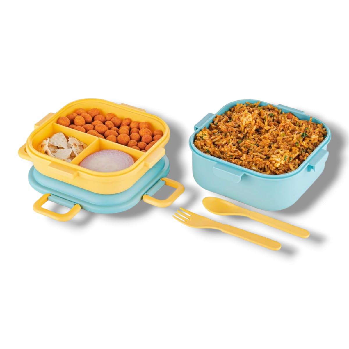 Quick Bite Unicorn Lunch Box – BPA-Free, 3-Compartment Tiffin Box / Plastic Lunch Box with Fork & Spoon – 800ml | Blue view 2