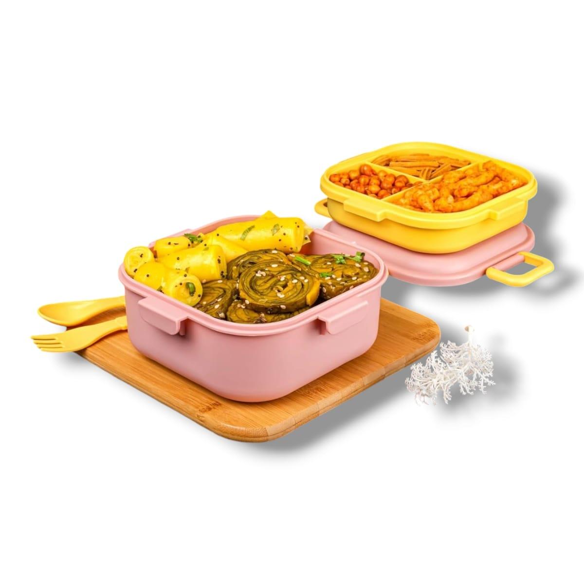 Quick Bite Unicorn Lunch Box – BPA-Free, 3-Compartment Tiffin Box / Plastic Lunch Box with Fork & Spoon – 800ml | Peach view 2