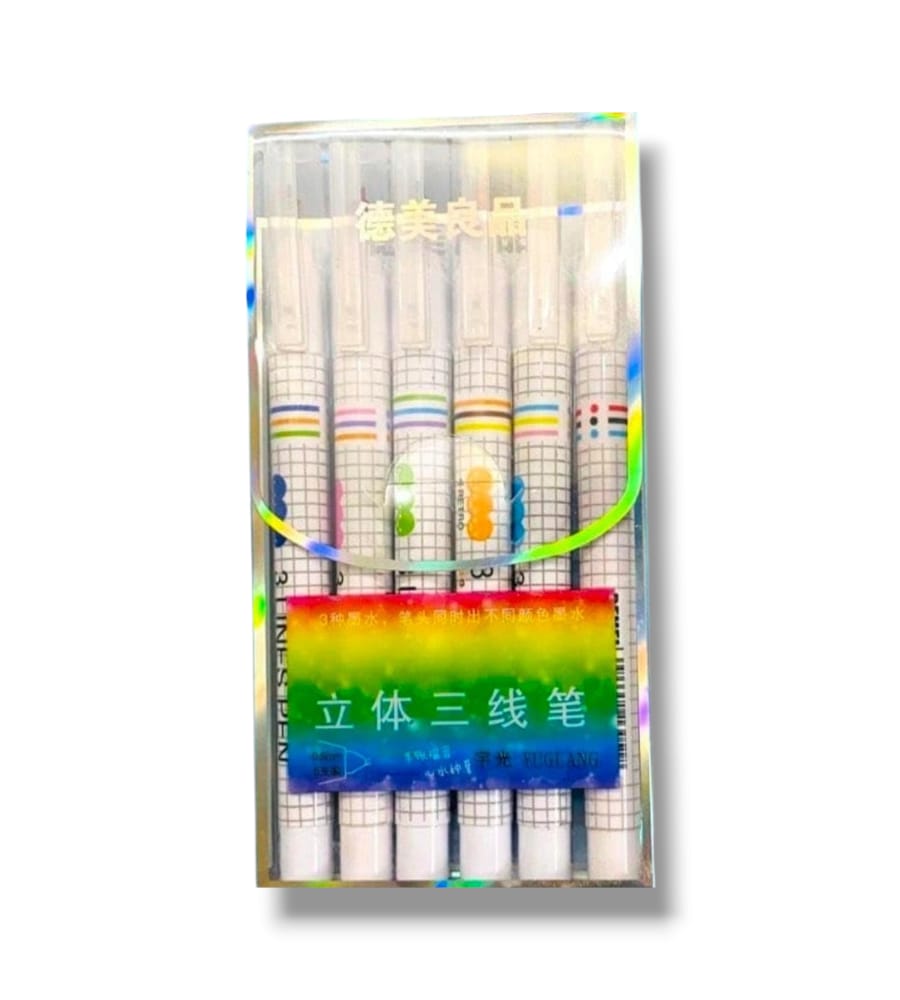 3-Line Gel Pens - Pack of 6, Multicolor Ink