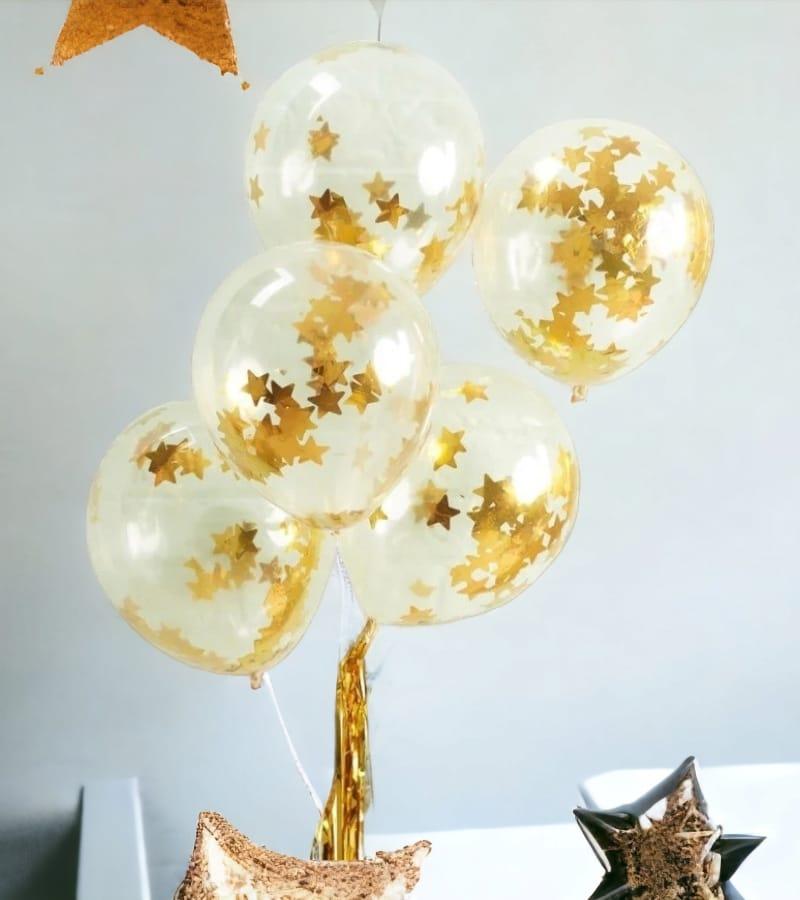 5 Gold Star Confetti Balloons – Big Size Party Balloons for Ultimate Celebration