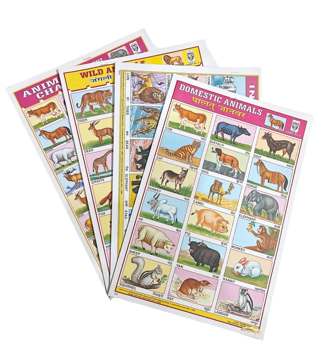 Animals Sticker Chart | 4 Sheets, 72 Stickers | Wild, Domestic & Indian Animals |Hindi & English Learning Chart for Kids