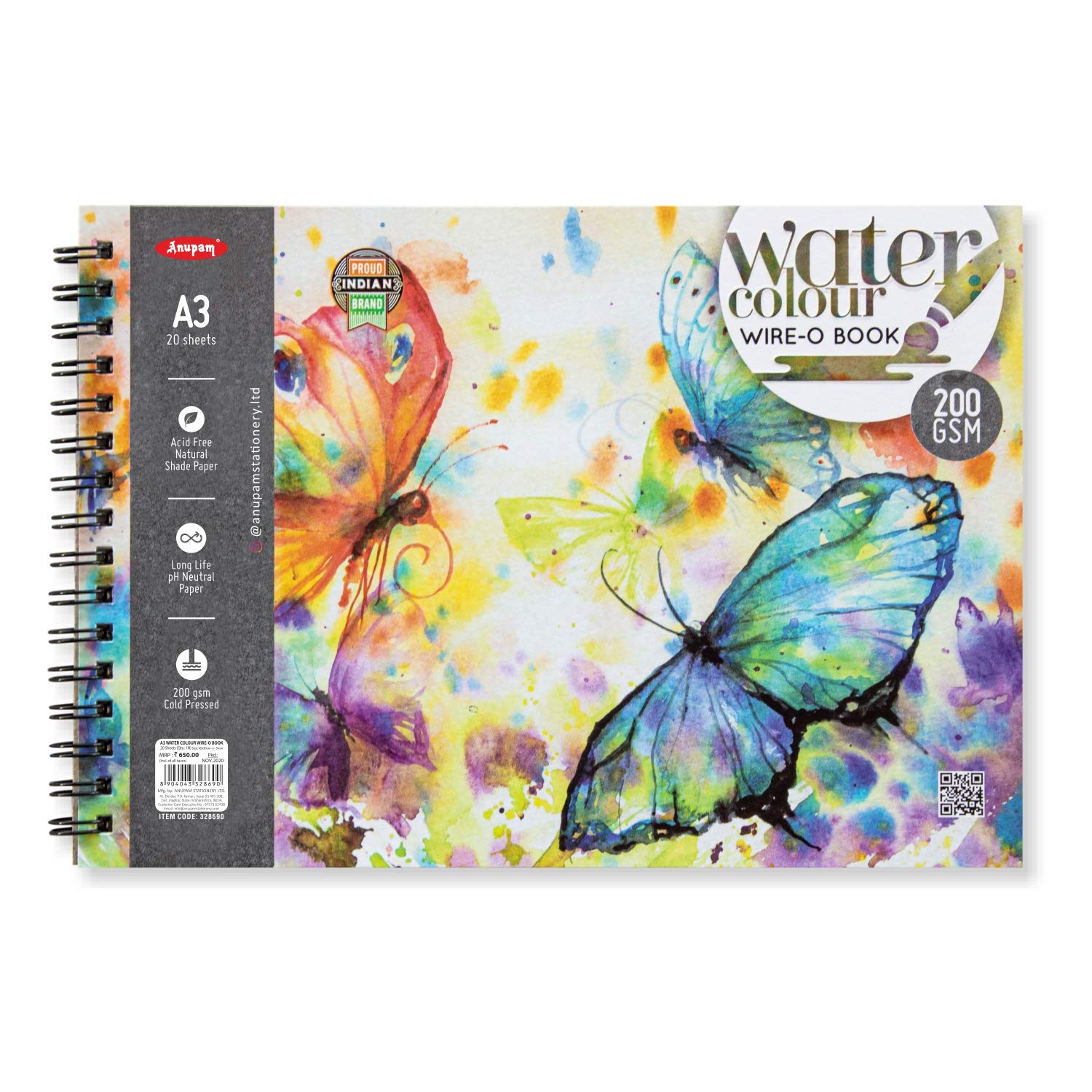 Anupam Watercolor Wire-O Book A3 Natural White Cold Press Paper - 20 Sheets, 200 GSM