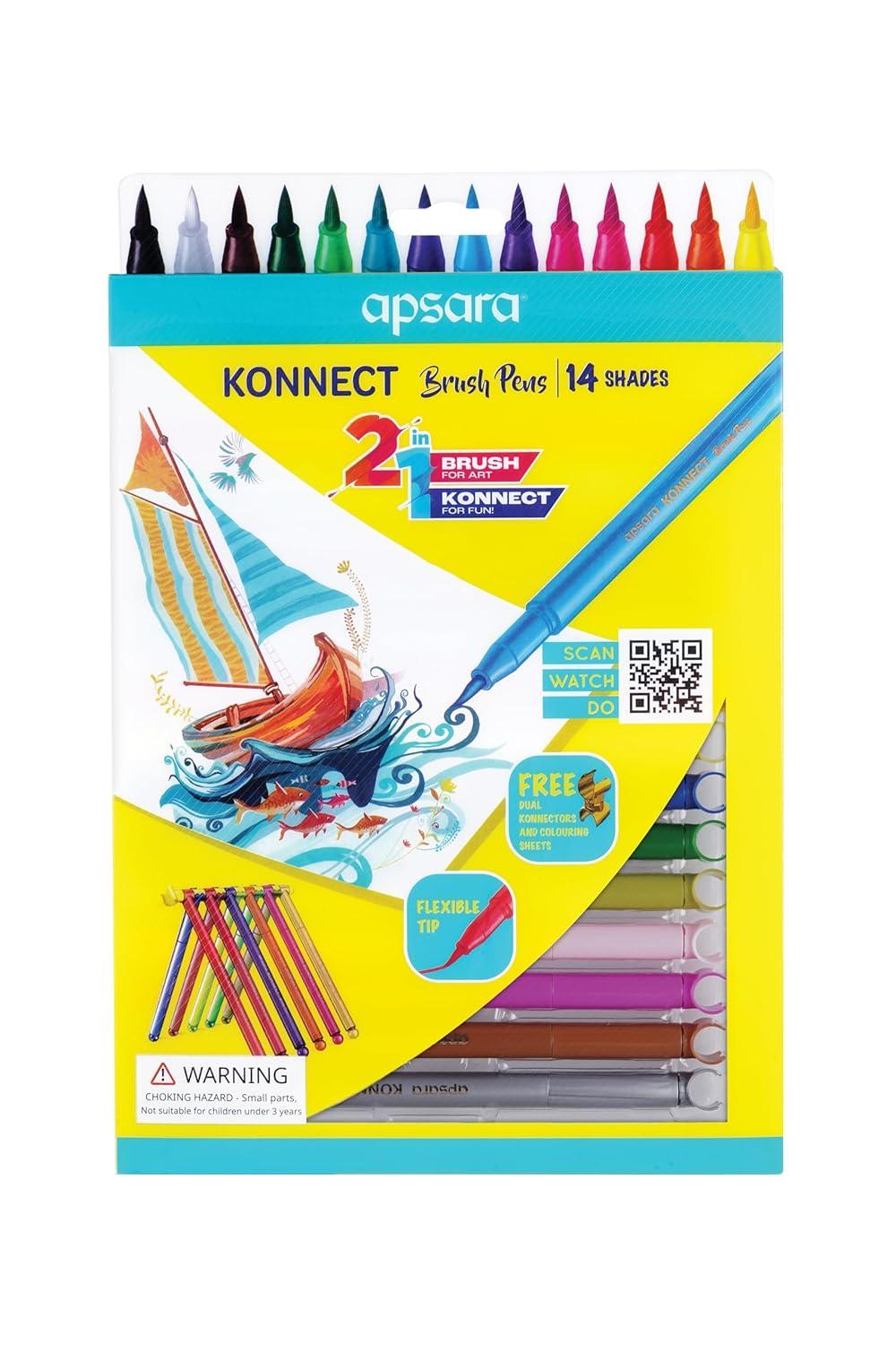 Apsara Konnect Brush Pen – 14 Shades | 2-in-1 Flexible Brush Tip | Free Dual Konnectors & Colouring Sheets | Ideal for Artists, Students & Professionals