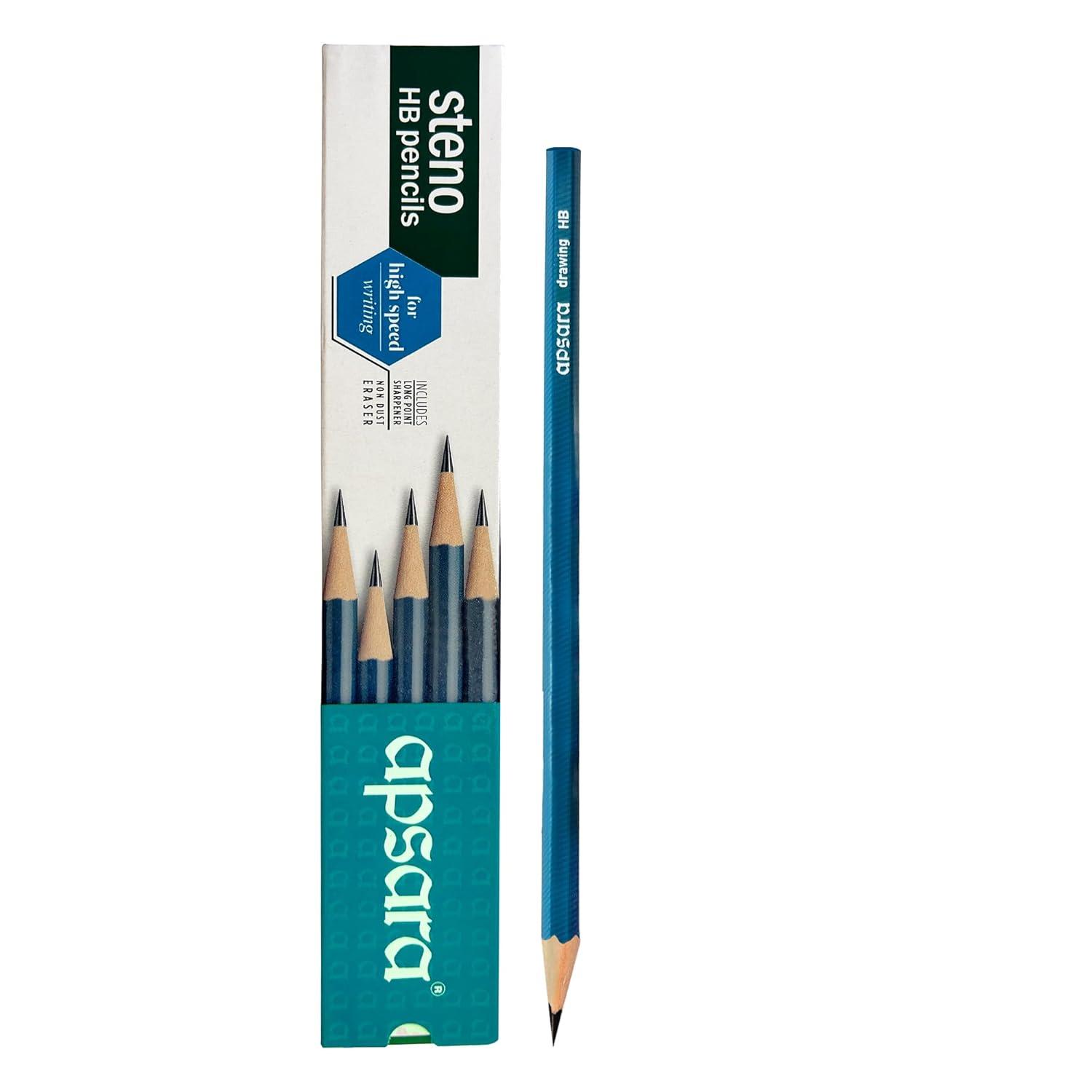 Apsara Steno HB Extra Dark Pencils - Pack of 10 with Sharpener & Eraser