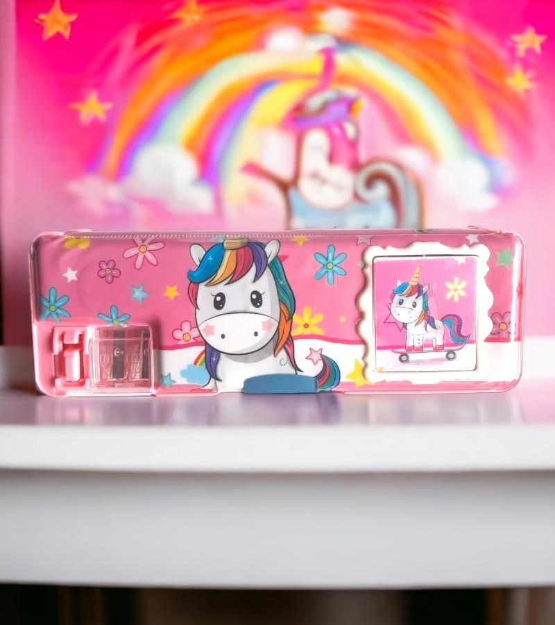 Cartoon Themed Pink Magnetic Pencil Box with Calculator & Dual Sharpener for Kids