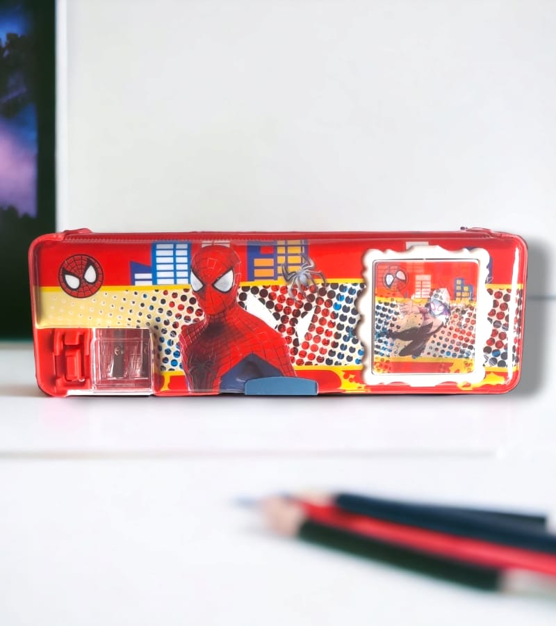 Spiderman Themed Red Magnetic Pencil Box with Calculator & Dual Sharpener for Kids