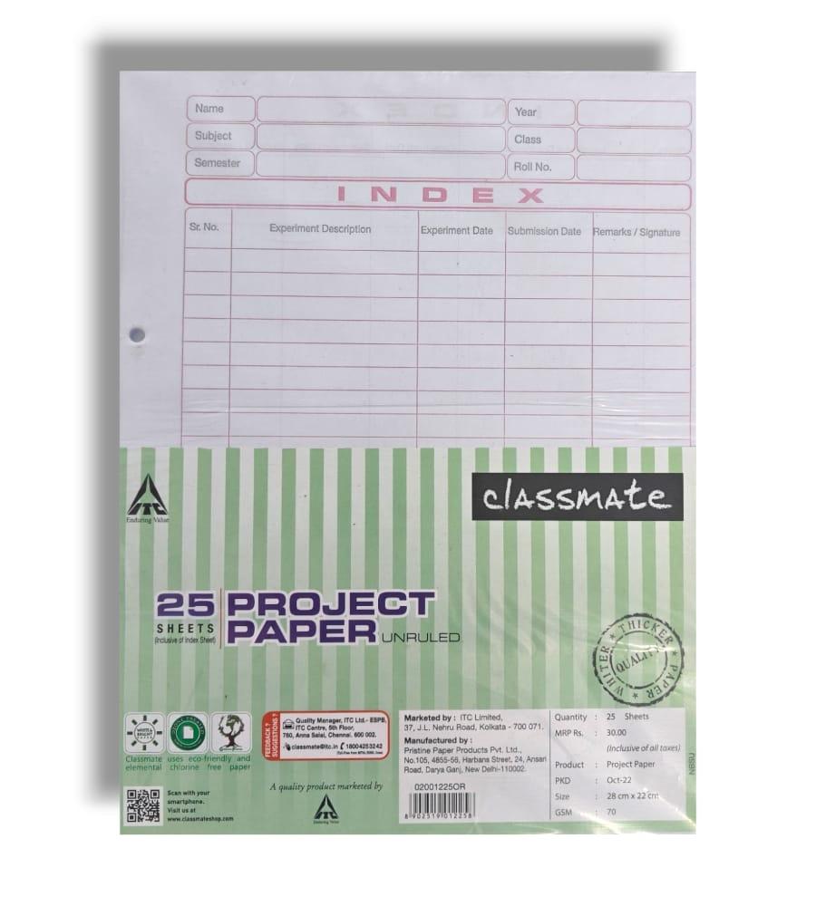 Classmate Project Punch Sheet 28 x 22 cm, 70GSM – Unruled, Pack of 25 Sheets