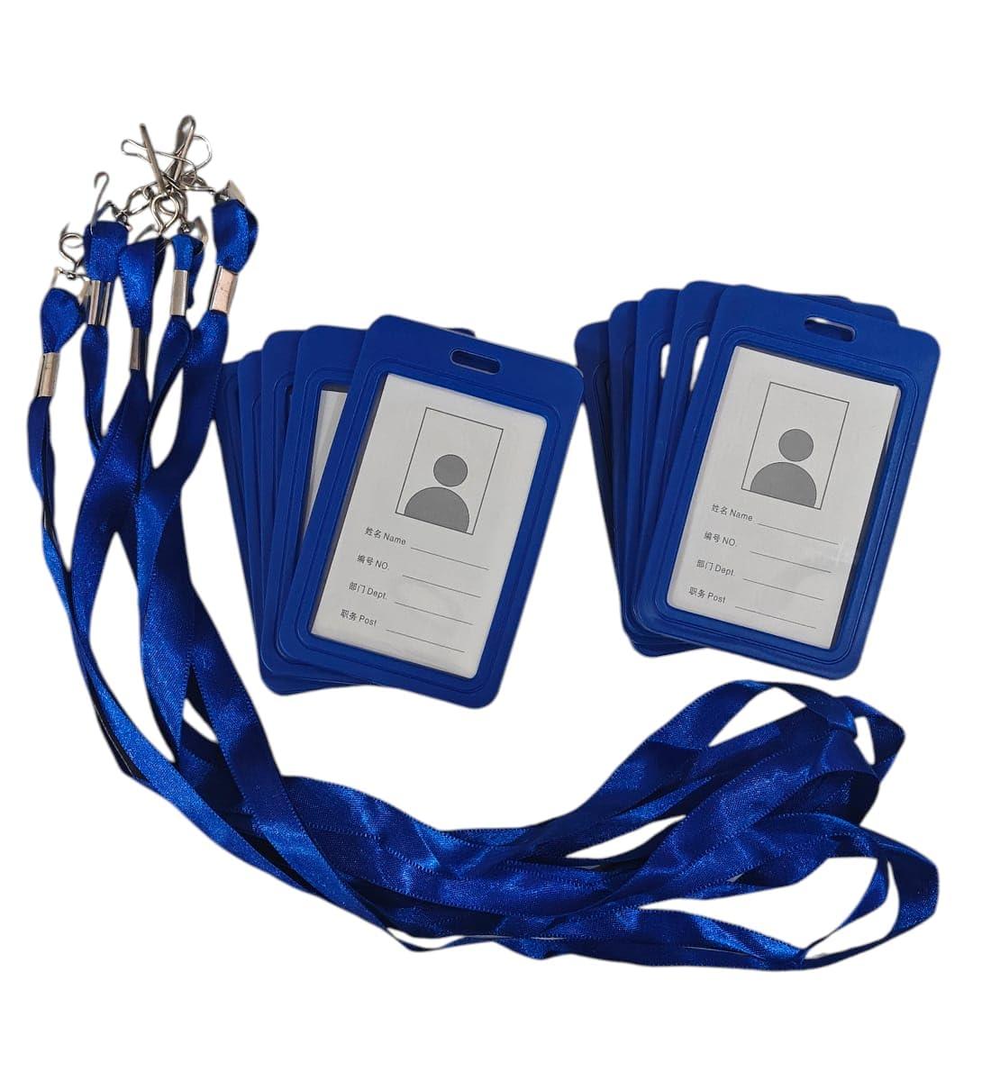 ID Card Holder Badge with Lanyard | Blue Vertical Card Holder with Lanyard for Office, School, College Use | Pack of 10