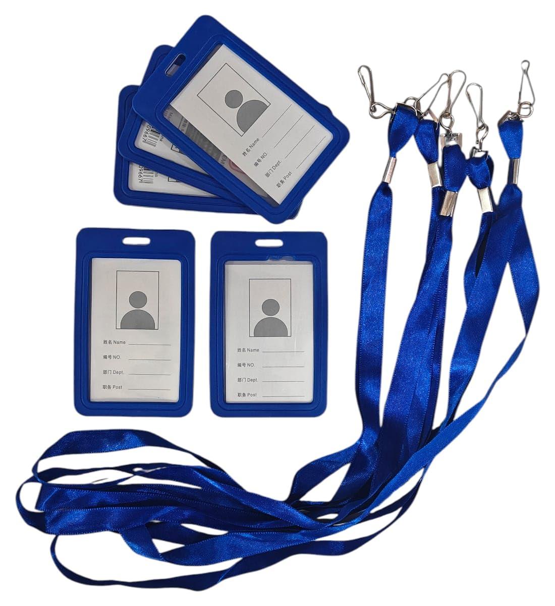 ID Card Holder Badge with Lanyard | Blue Vertical Card Holder with Lanyard for Office, School, College Use | Pack of 5