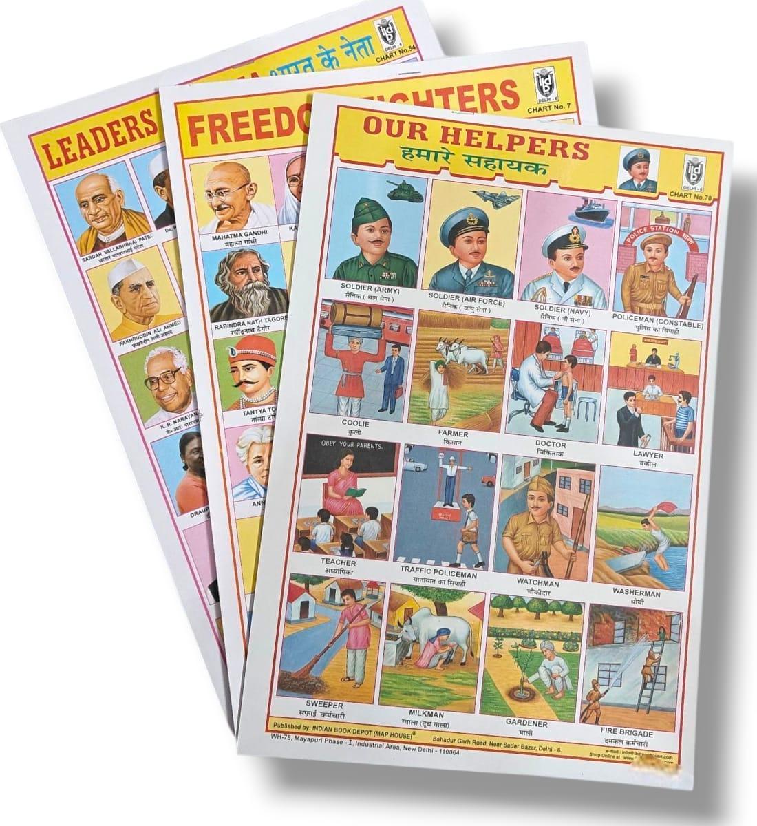 Leaders of India, Freedom Fighters & Our Helpers Sticker Chart | 3 Sheets, 76 Stickers | Hindi & English Educational Wall Chart for Kids