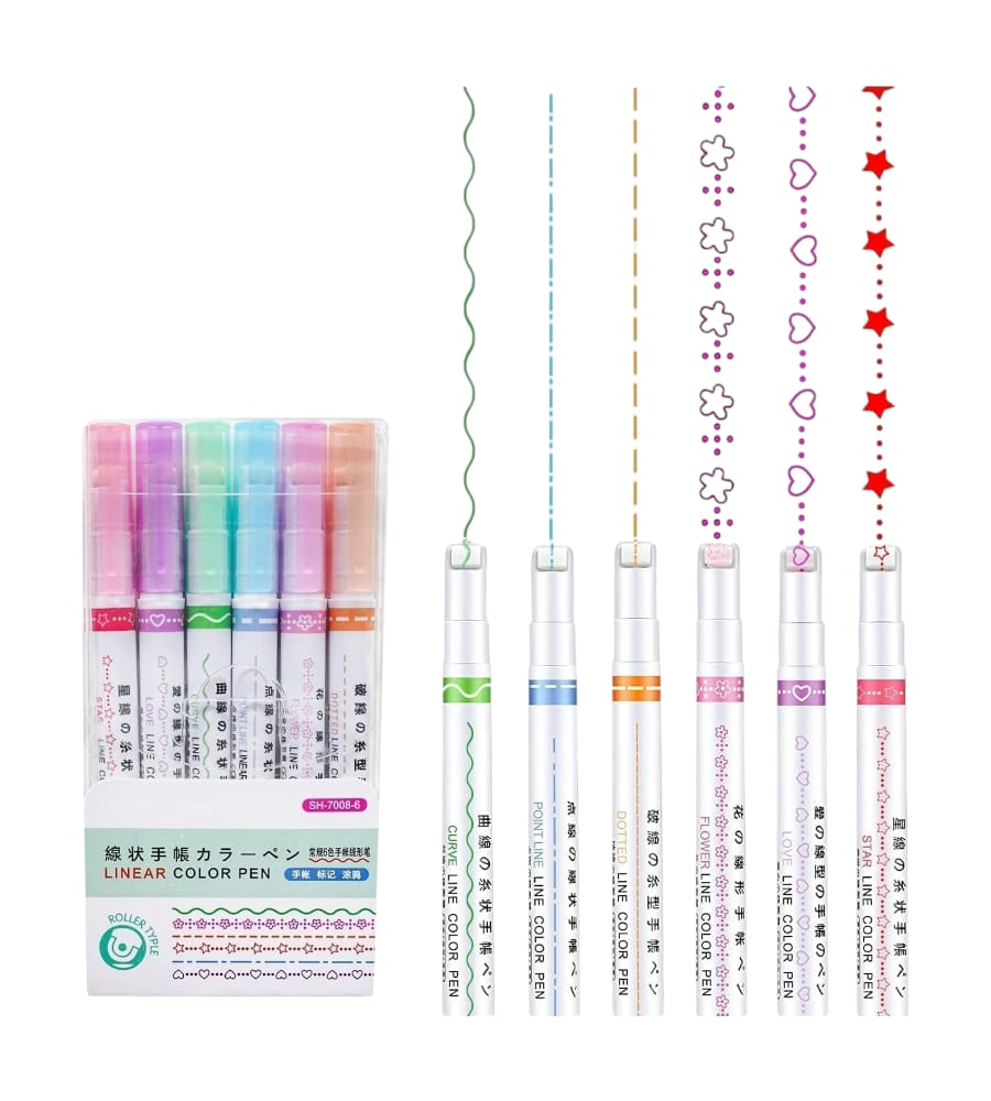 Linear Curve Pens - Pack of 6, Different Colors for Study, Drawing, Art & Craft