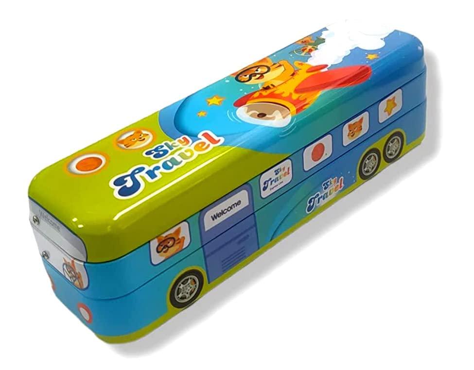 Metal Bus-Shaped Pencil Box – Premium Sky Travel Stationery Case with Wheels