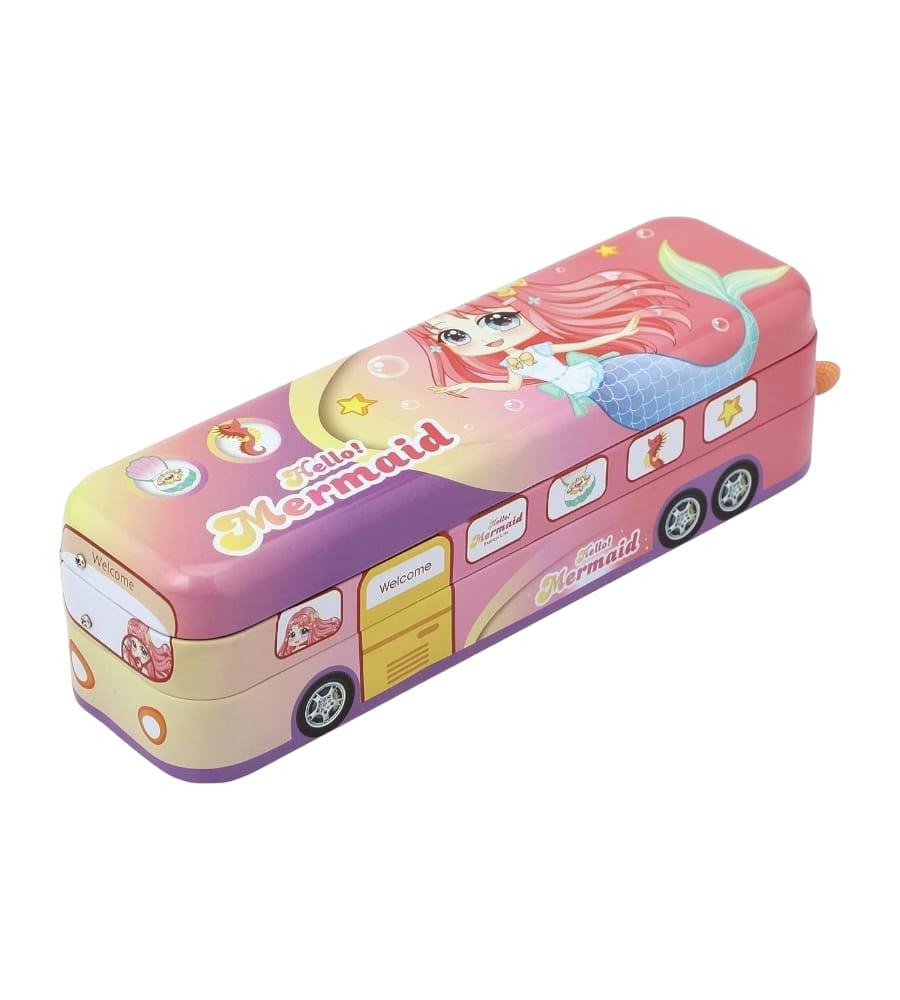 Metal Bus-Shaped Premium Pencil/Pen Box with Movable Wheels - Mermaid Stationery Case