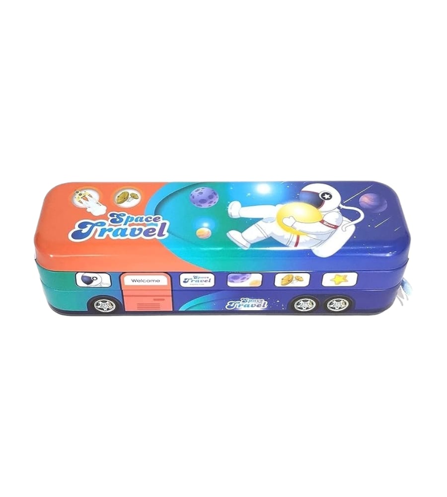Metal Bus-Shaped Premium Pencil/Pen Box with Movable Wheels - Stationery Case