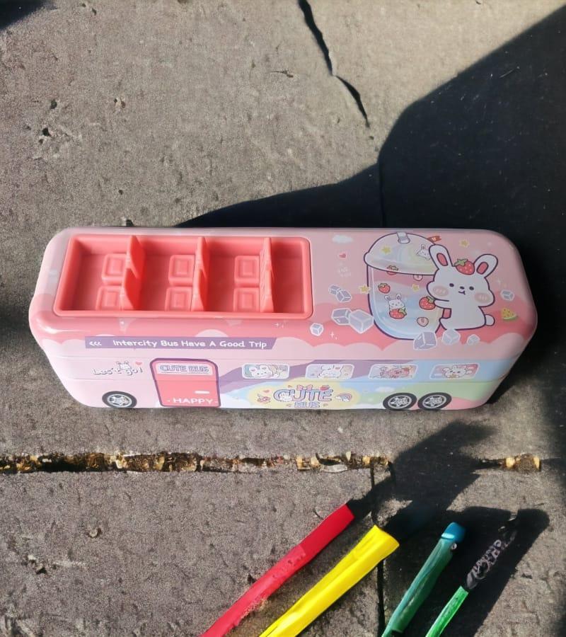 Metal Double Decker Bus-Shaped Premium Pink Pencil/Pen Box with Wheels - Stationery Case