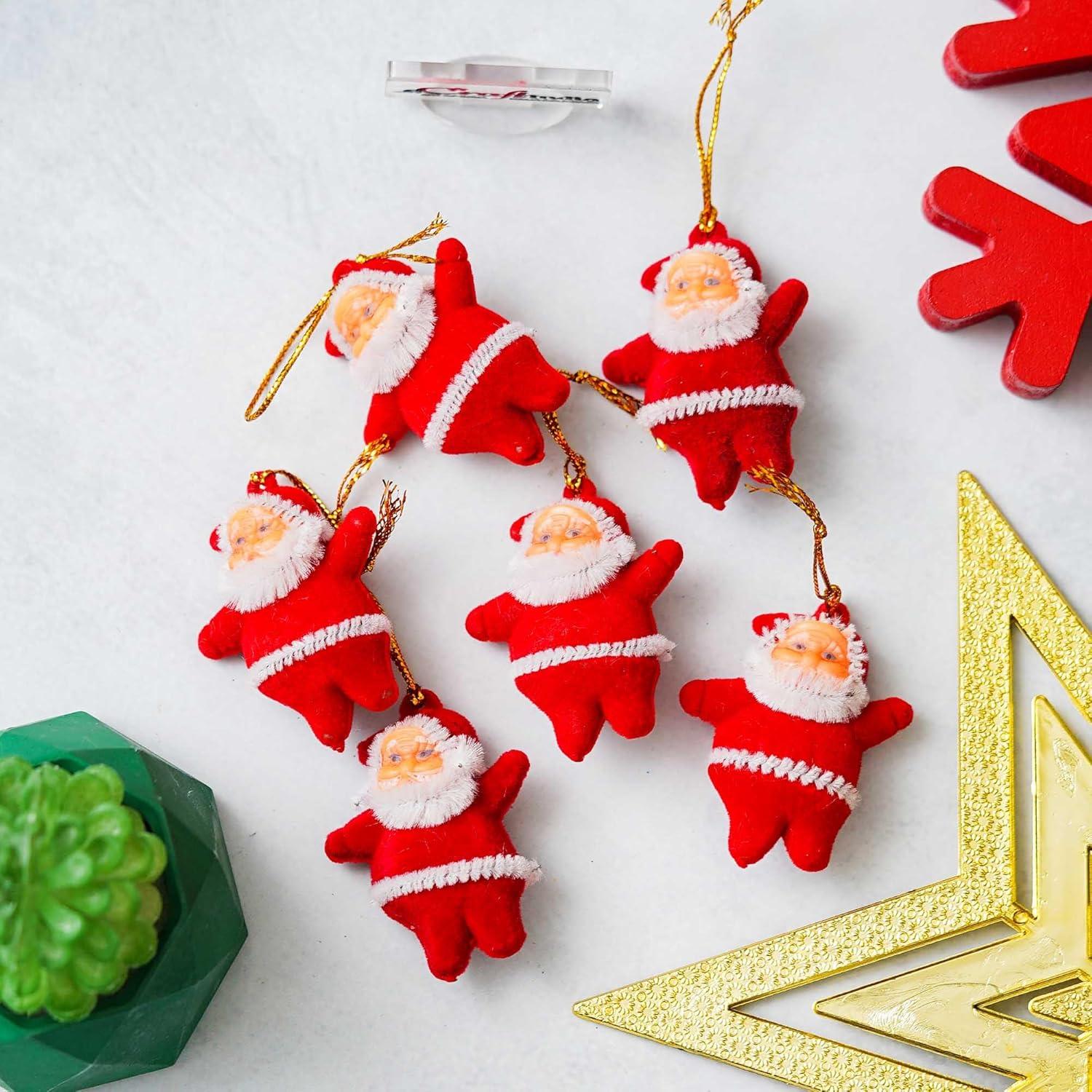 Mini Santa Claus Hanging Ornaments Set of 6 | Soft Plush Santa Decorations for Christmas Tree | Cute Xmas Hanging Figures with Gold Strings | Christmas Party Home Decor Gifting & DIY Crafts