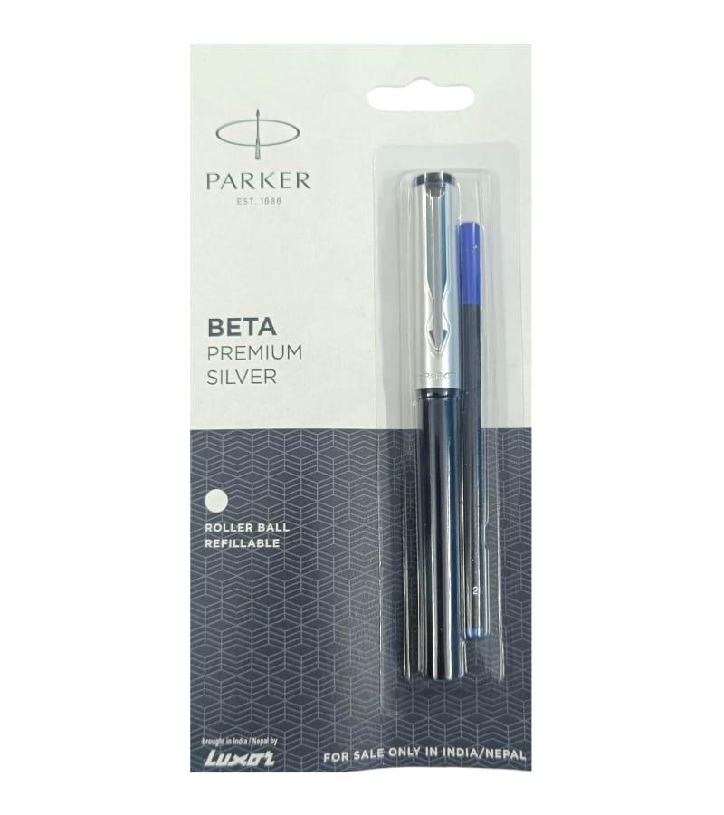 Parker Beta Premium Fountain Chrome Trim Roller Ball Pen with Free Ink – Silver