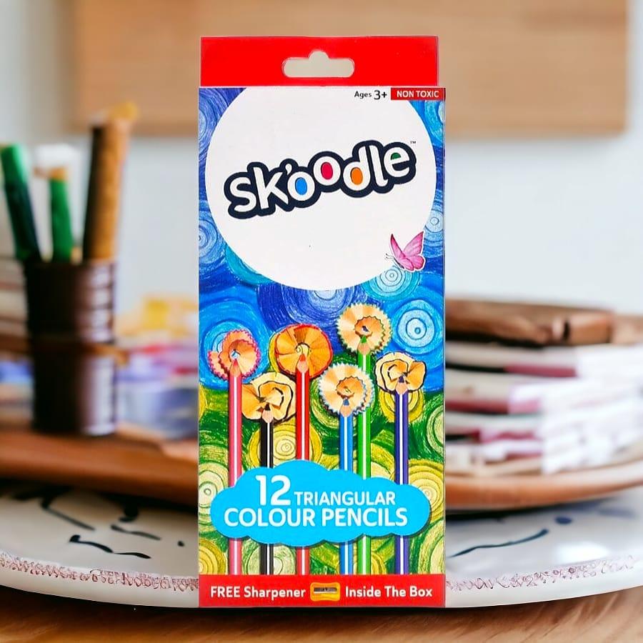 SKOODLE 12 Non-Toxic Triangular Shaped Long Colored Pencils