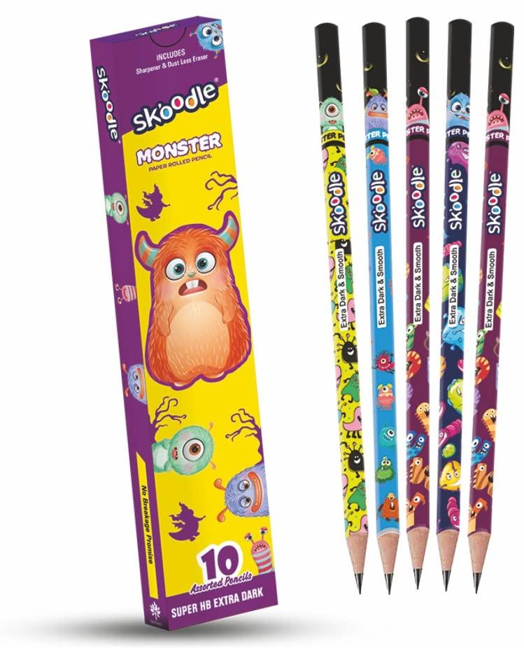 Skoodle Monster Series Super HB Extra Dark Pencils - Pack of 10 With Sharpener & Eraser