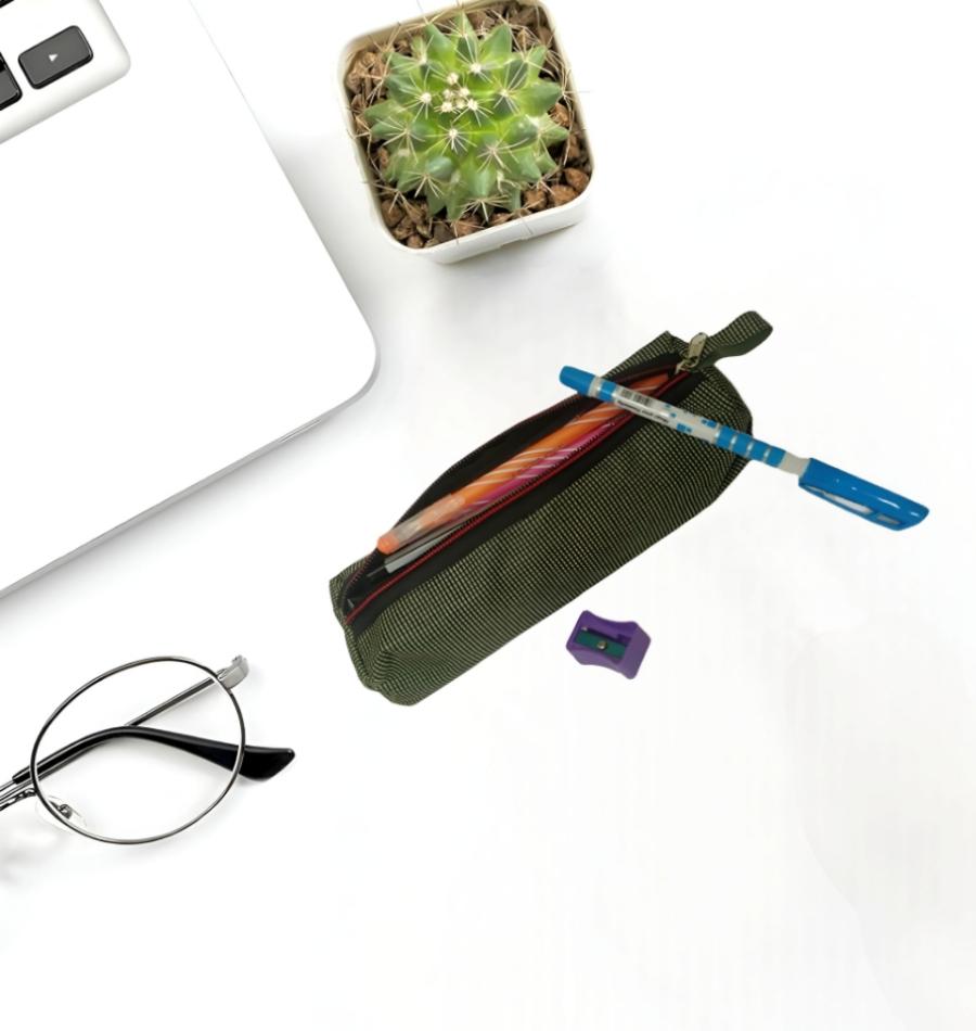 Student's Olive Green Zippered Pencil Pen Stationery Case - Set of 1